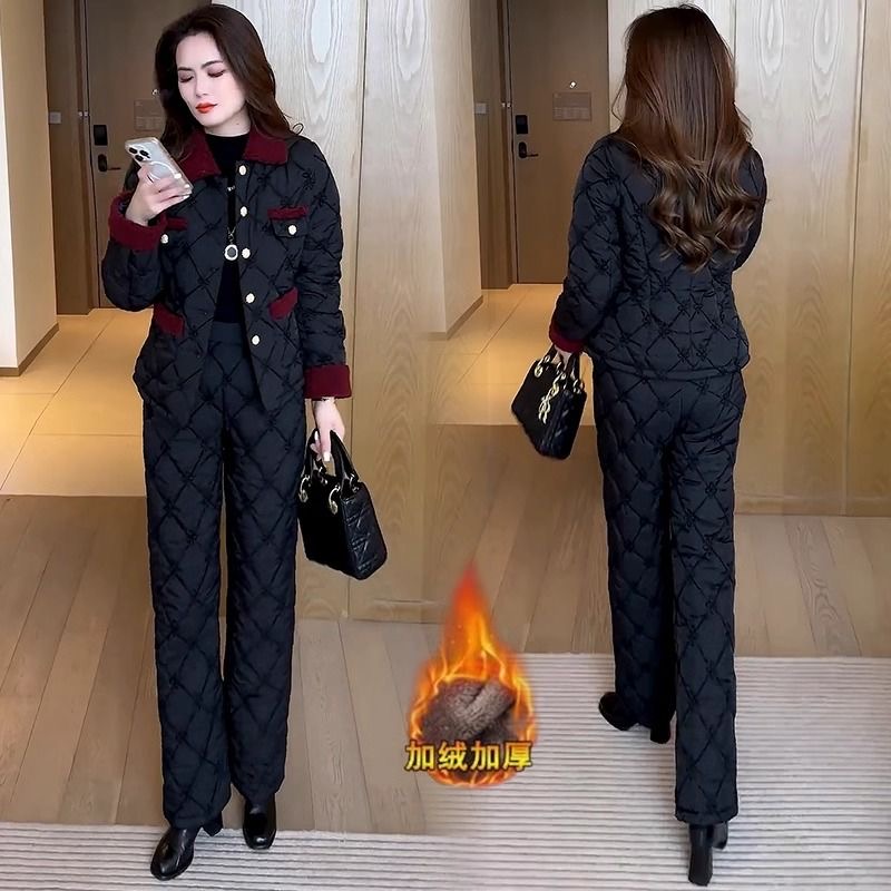 2025秋冬新款刺绣加绒加厚时尚套装小香风棉衣棉裤保暖两件套5548