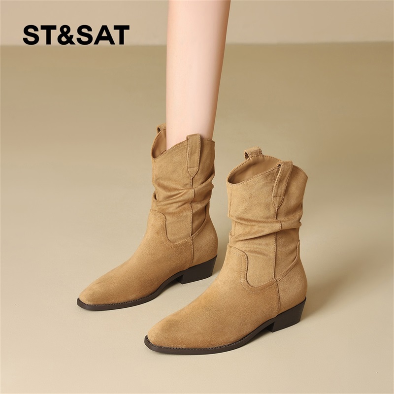 星期六复古短靴女2025秋尖头堆堆靴粗跟骑士靴套筒西部中筒瘦瘦靴