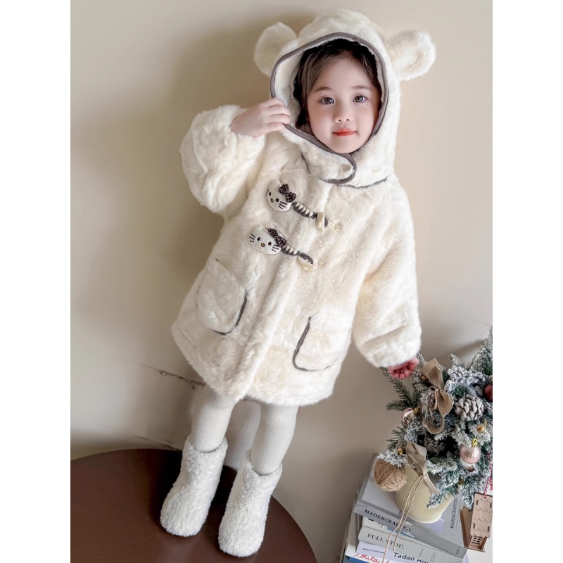 女童冬装外套2025新款女宝宝洋气秋冬连帽加绒加厚保暖毛毛衣大衣
