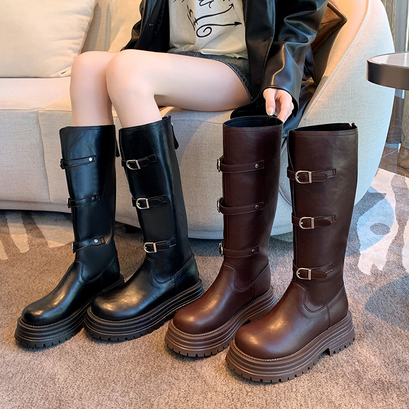 2025新款紫幻玲珑厚底高筒骑士靴时尚百搭胖妹妹专属大筒大码女靴