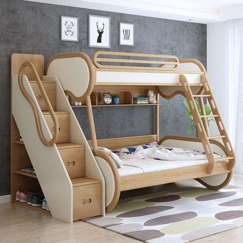 具北欧全实木子母高低床白腊木软包上下床成人男孩女孩三层儿童床