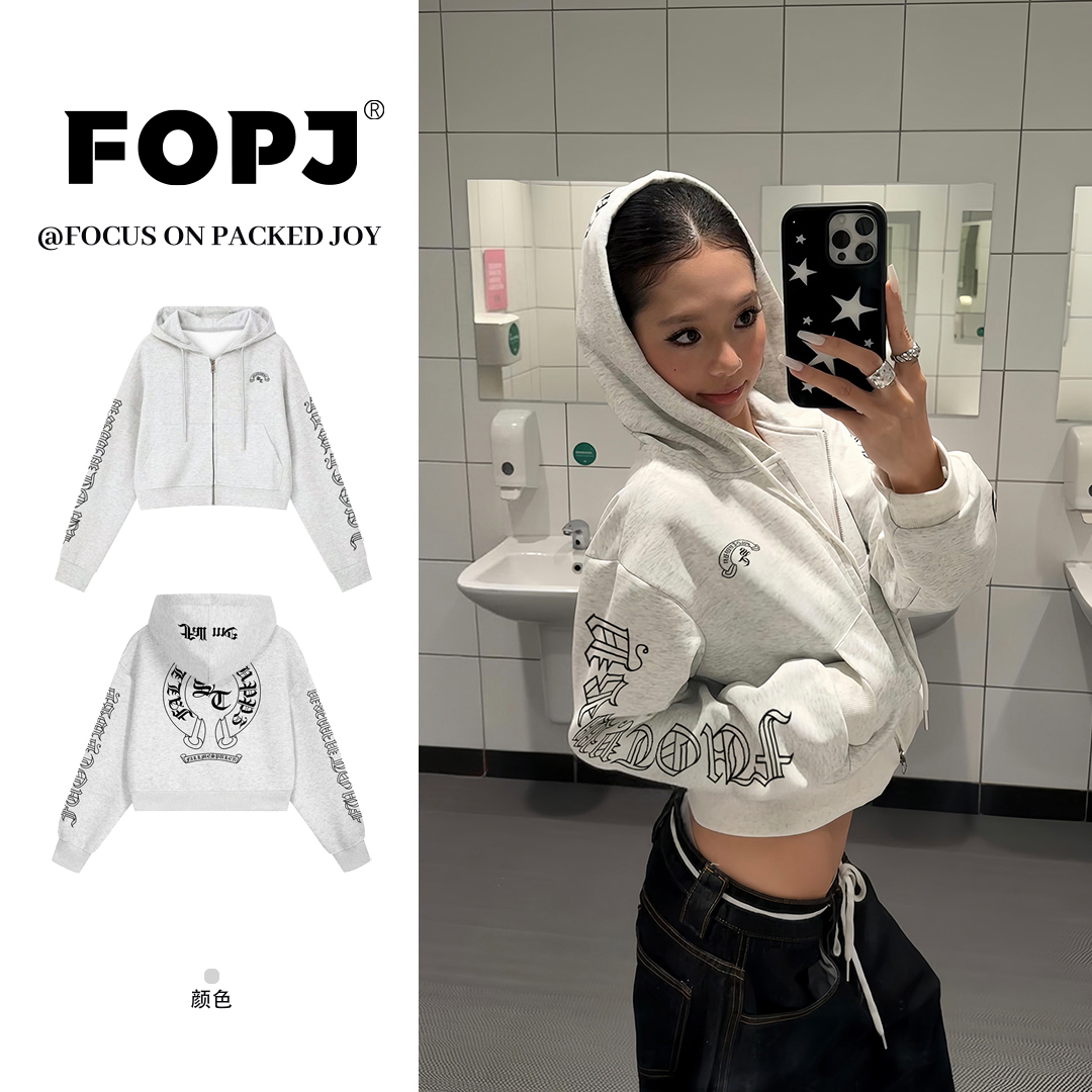 FOPJ美式复古辣妹开衫连帽卫衣女字母印花设计长袖拉链短外套上衣