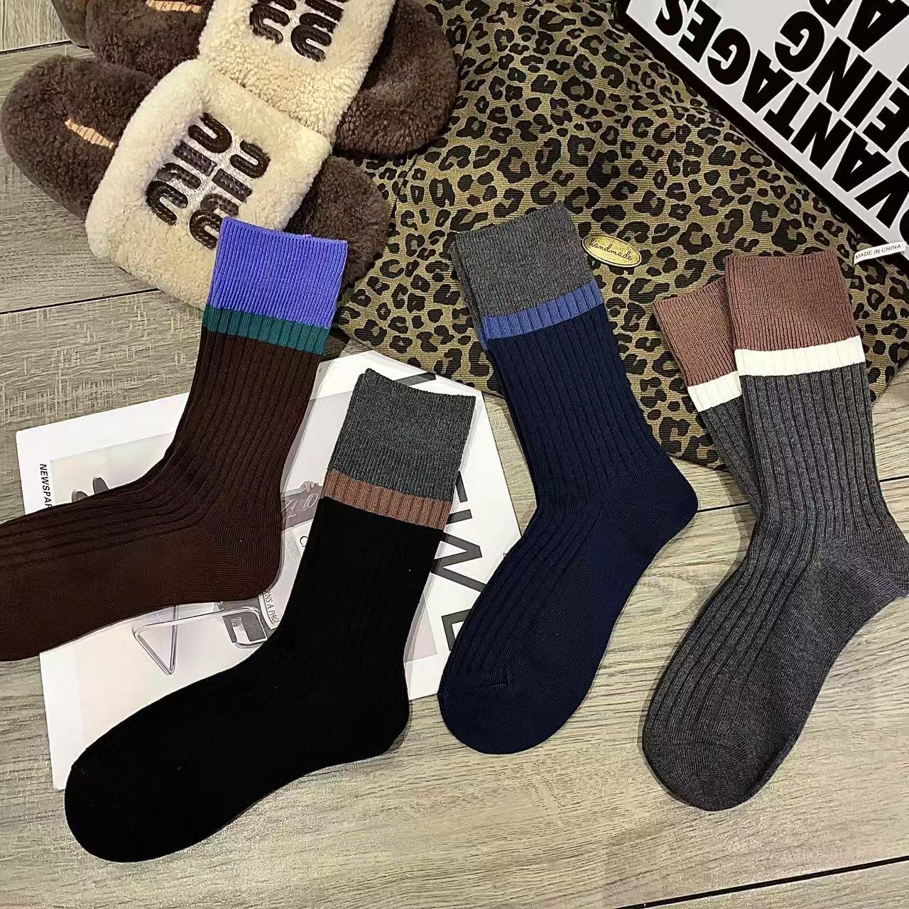 秋冬季女袜子韩系长筒堆堆袜日系复古撞色条纹中筒袜韩版时尚