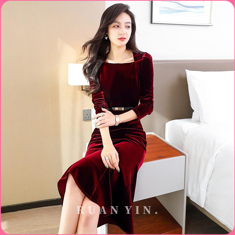 RUAN YIN酒红色丝绒连衣裙女气质宴会礼服喜婆婆婚宴装春秋新款女