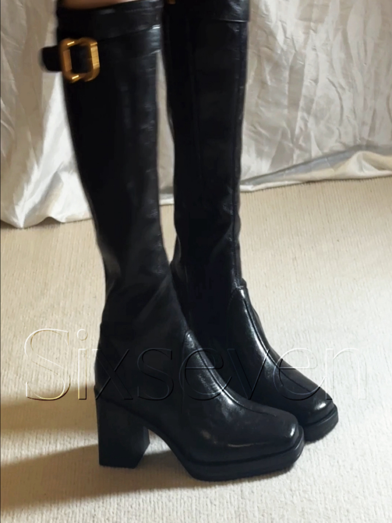 Sixseven·复古方头 全真皮粗跟及膝长靴女秋冬百搭瘦瘦靴