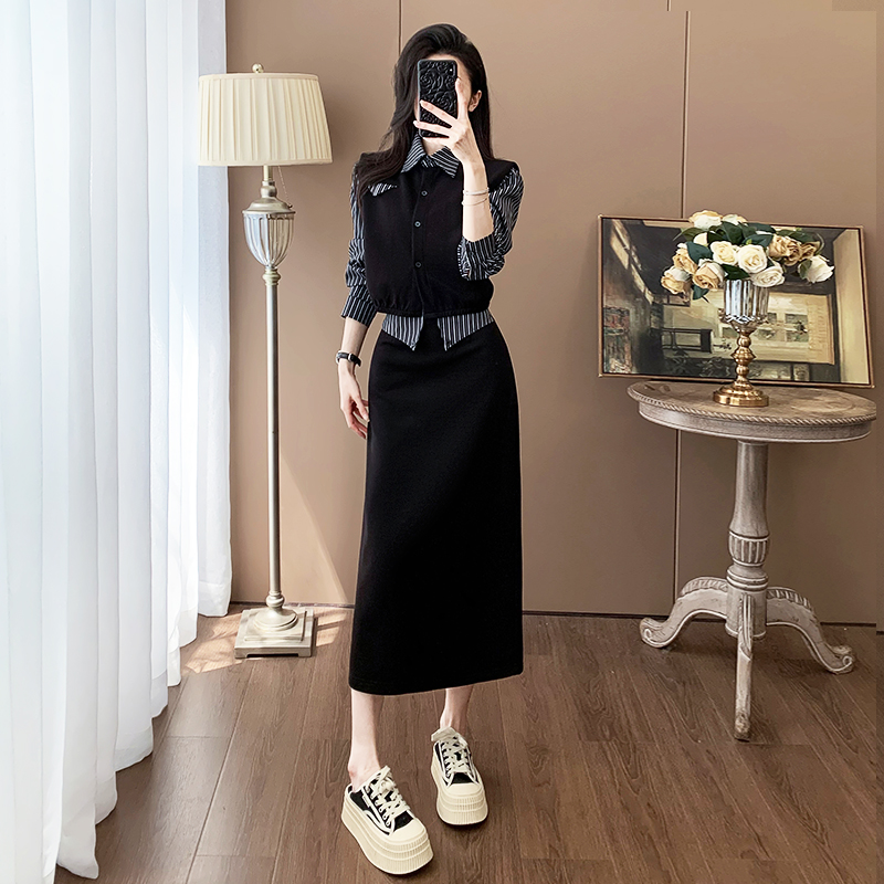 2025秋季新款女设计感假两件条纹拼接上衣高腰显瘦开叉半身裙套装