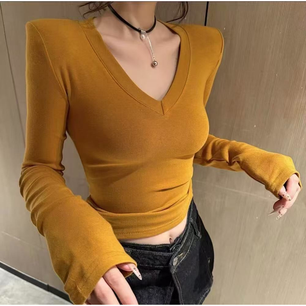 梦优莱设计感小众V领正肩长袖T恤女装秋季心磨毛加绒修身显瘦内搭
