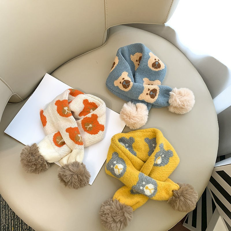 25新款儿童冬季围巾保暖卡通小熊可爱围脖男女童潮流宝宝毛绒围巾