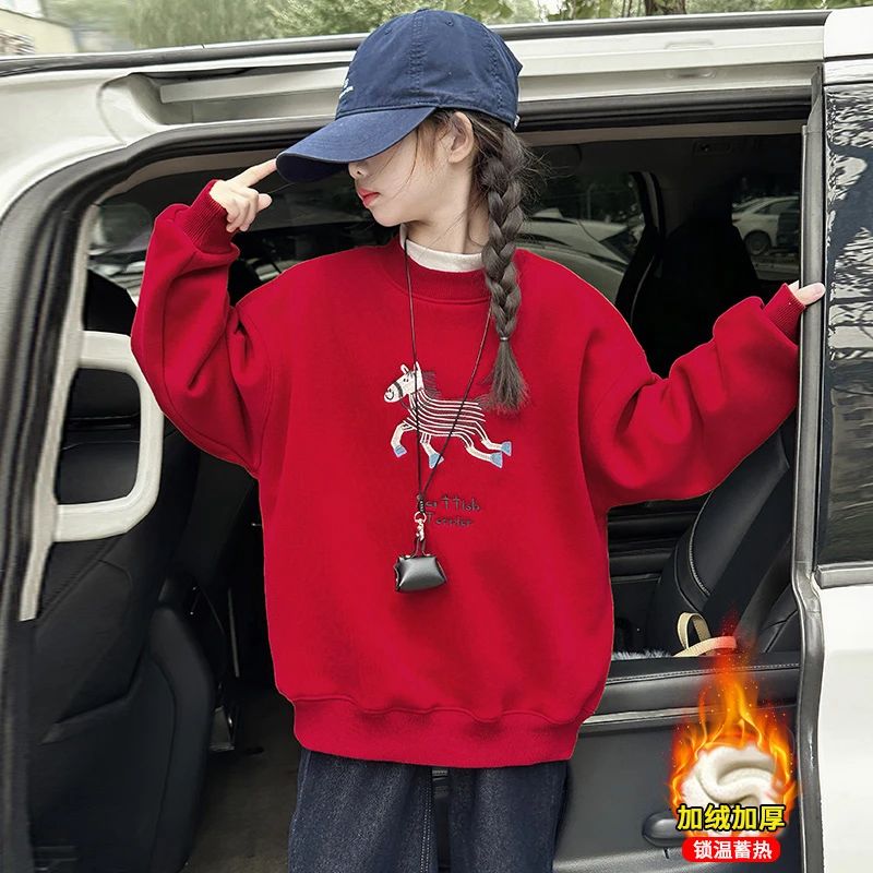 女童冬装卫衣2025新款休闲百搭上衣中大童加绒加厚卡通小马卫衣