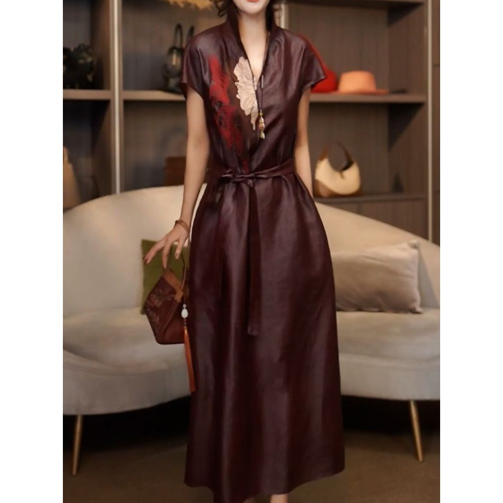 设计感洋气绑带收腰显瘦A字裙2025夏季新款优雅阔太太POLO领长裙