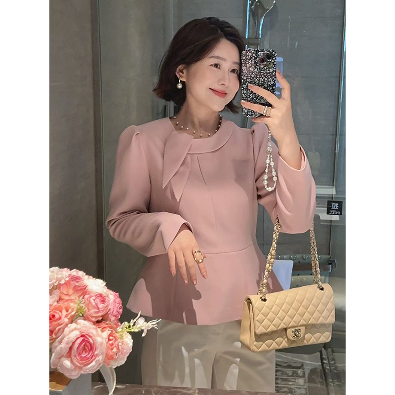 【DIS 现货】【粉雾秋思】早秋气质收腰荷叶边系带长袖衬衫Z525C12275