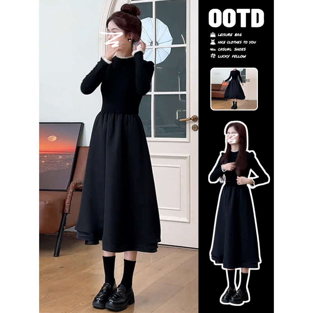小个子黑色连衣裙子女2025新款秋冬季高级感内搭长裙过年新年战袍