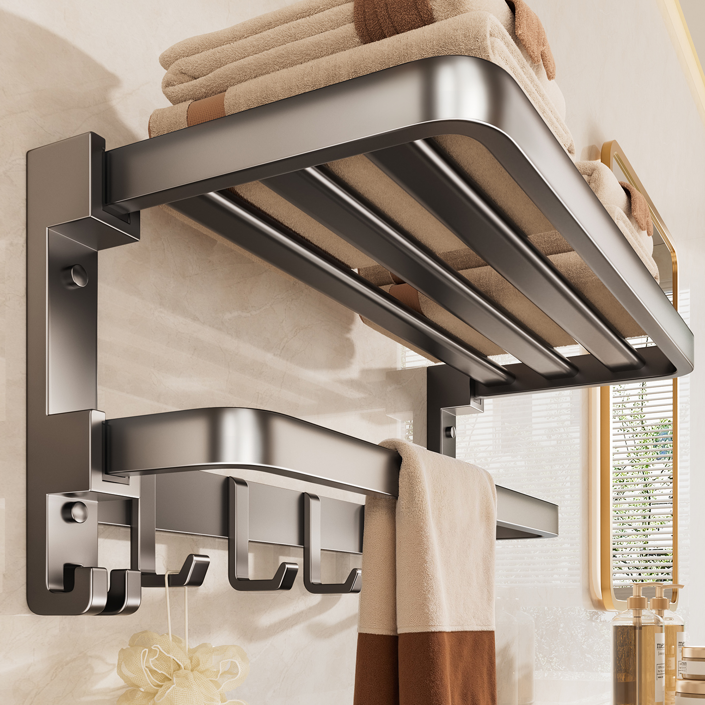 百年正和浴室毛巾架免打孔太空铝多功能置物架可折叠卫生间浴巾架