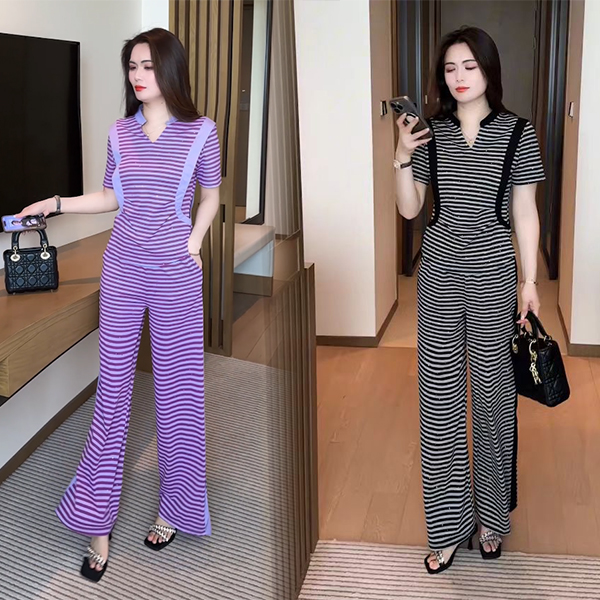 2025夏季新款穿搭气质休闲不挑人减龄时尚舒适条纹短袖套装112