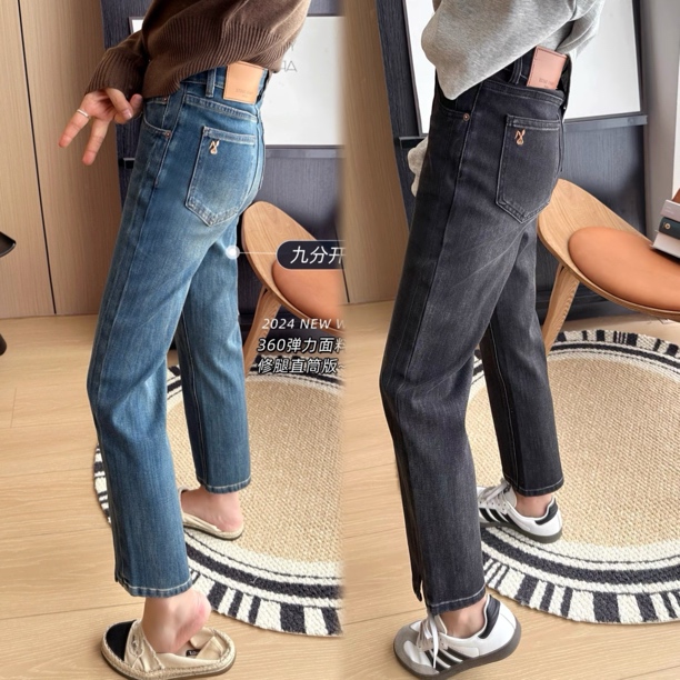 直筒烟管九分牛仔裤女2025秋季新款高腰显瘦阔腿分叉宽松窄版裤子