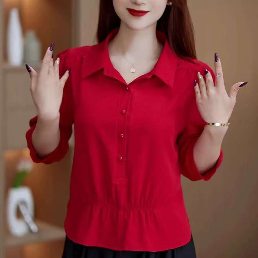 【爆款衬衫推荐】七分袖妈妈装收腰衬衫女新款时尚宽松显瘦套头上衣