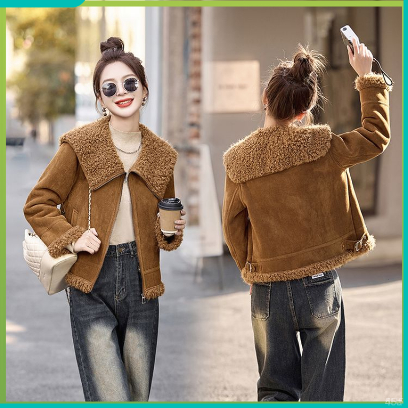 韩版休闲冬季皮毛一体外套洋气时髦保暖加厚机车服百搭夹克上衣