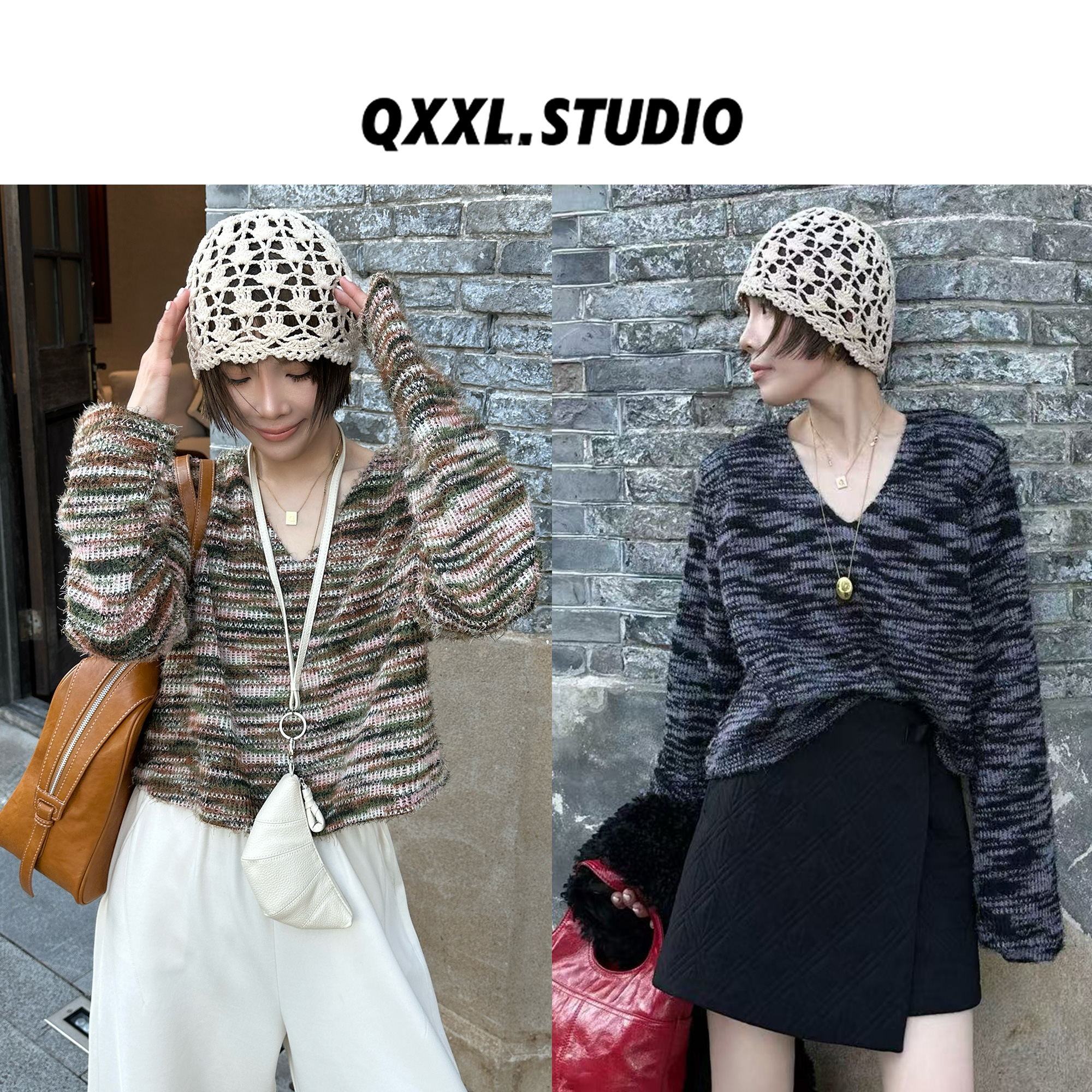 邱小小丽呀 秋冬新款法式V领针织毛衣女高级感百搭气质长袖上衣