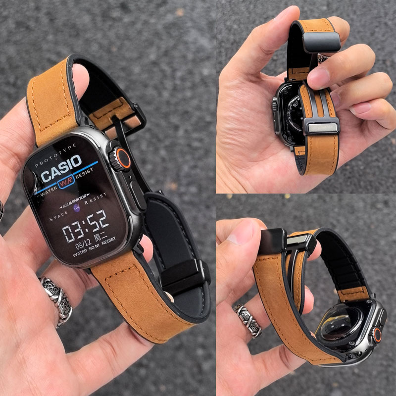 疯马皮磁吸表带适用苹果iWatchS10时尚折叠扣987真皮ultra秋冬s11