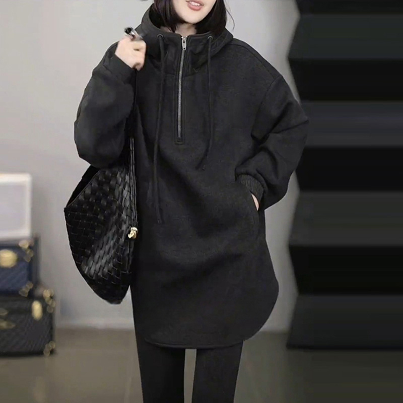 秋季不规则黑色卫衣女新款秋冬爆款时尚洋气半开领长袖中长款上衣