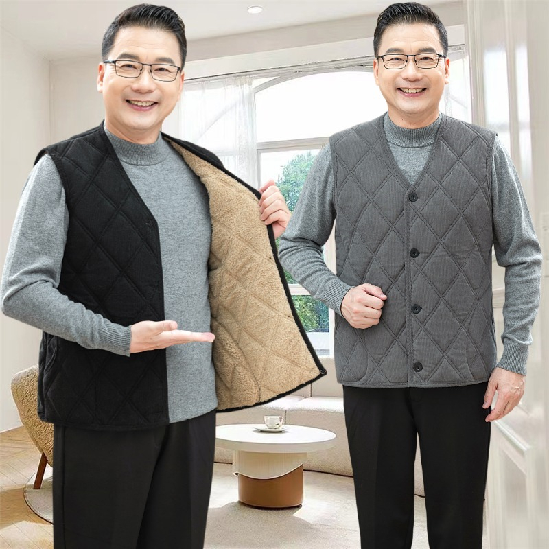 男士秋冬加绒加厚马甲新款棉背心中老年人爸爸装内搭坎肩纯色马夹