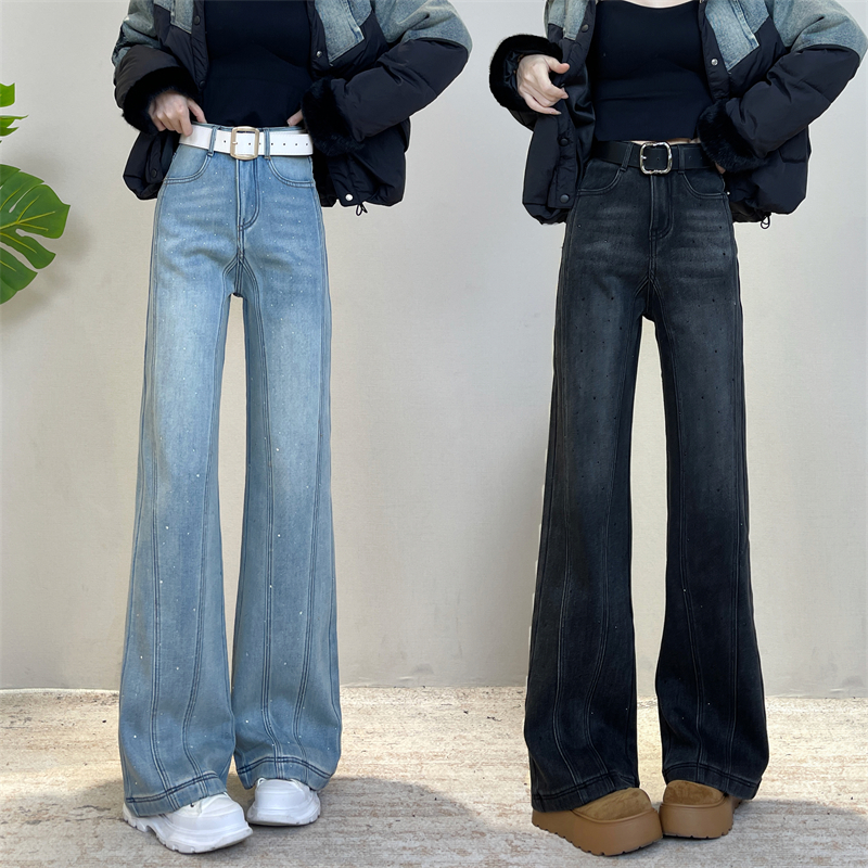 迪否镶钻窄版加绒阔腿裤冬季新款不贴腿垂感宽松休闲牛仔裤6369
