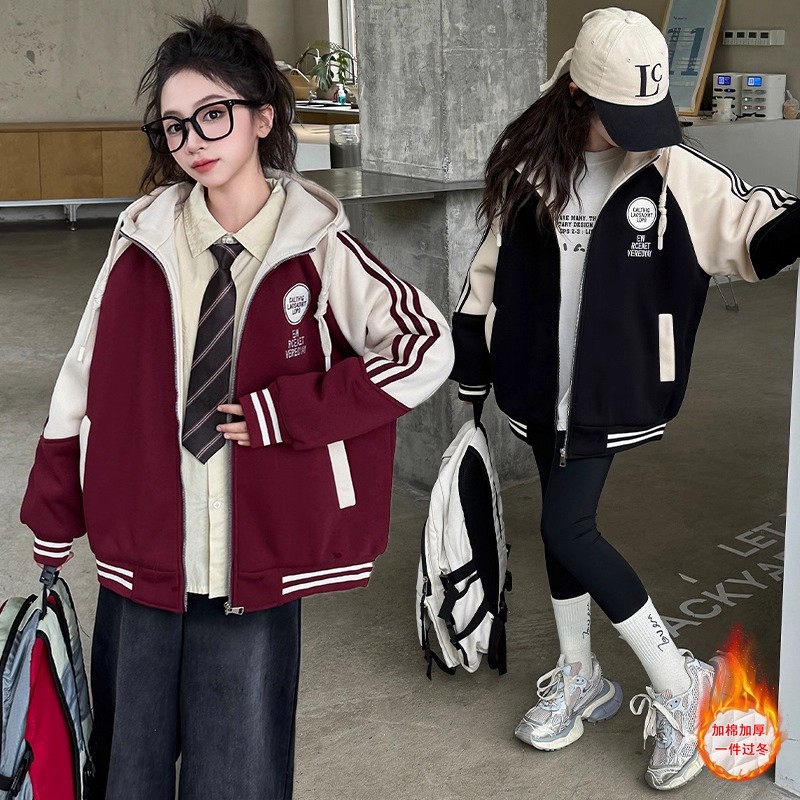 女童秋冬装夹棉棒球服外套2025新款韩版初中生加厚保暖拼接棉服潮