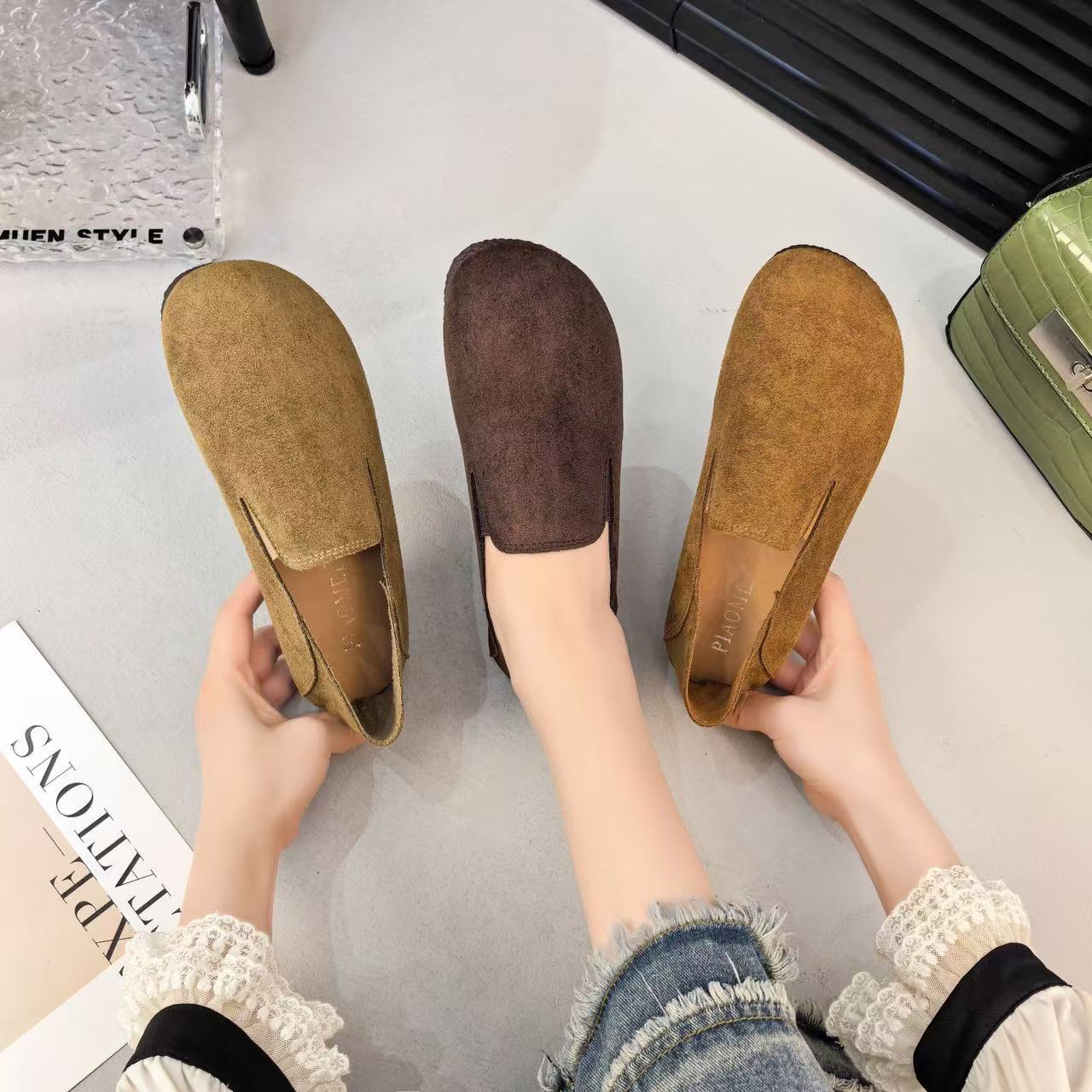 秋季舒适休闲风中跟百搭乐福鞋一脚蹬平底防滑软底