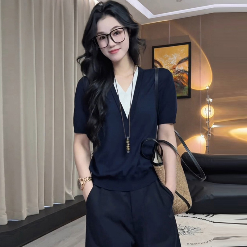 高级感V领假两件上衣女夏季气质显瘦时尚别致拼接短袖针织衫女士