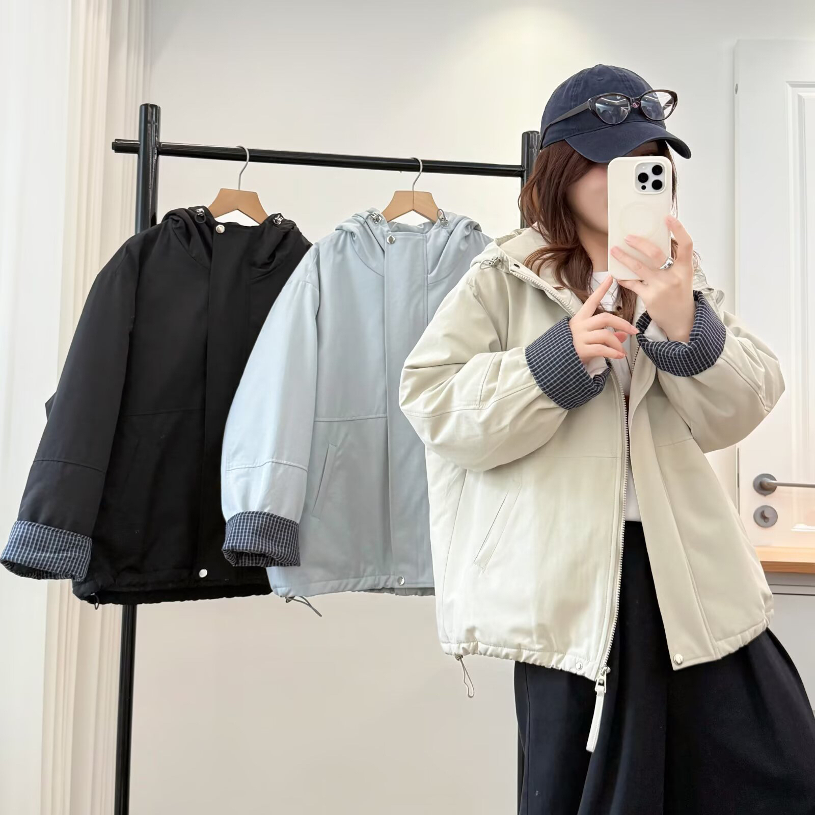 秋冬百搭连帽加厚拼接时尚宽松休闲长袖女款棉衣棉服外套210斤