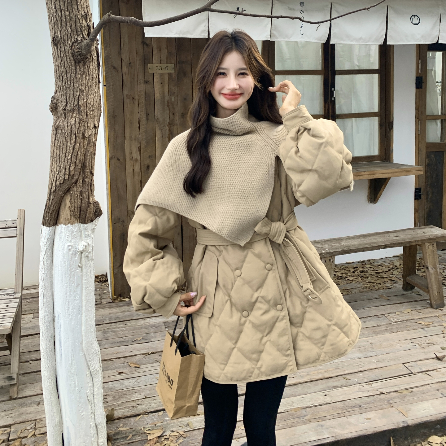 卡其色针织披肩文艺范小香羽绒服女冬季2025新款90绒时尚轻暖外套