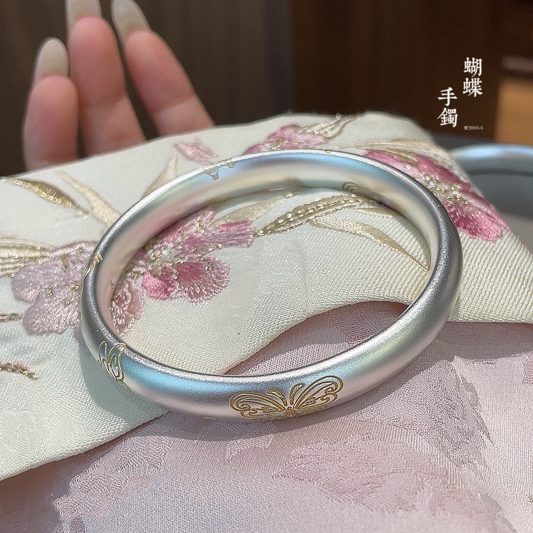 足银珐琅手镯 泥鳅背足银999.9传承柔光手镯女镯子蝴蝶古法