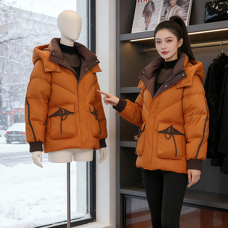 设计感撞色加厚保暖连帽棉服女2025年冬季新款大口袋宽松减龄外套