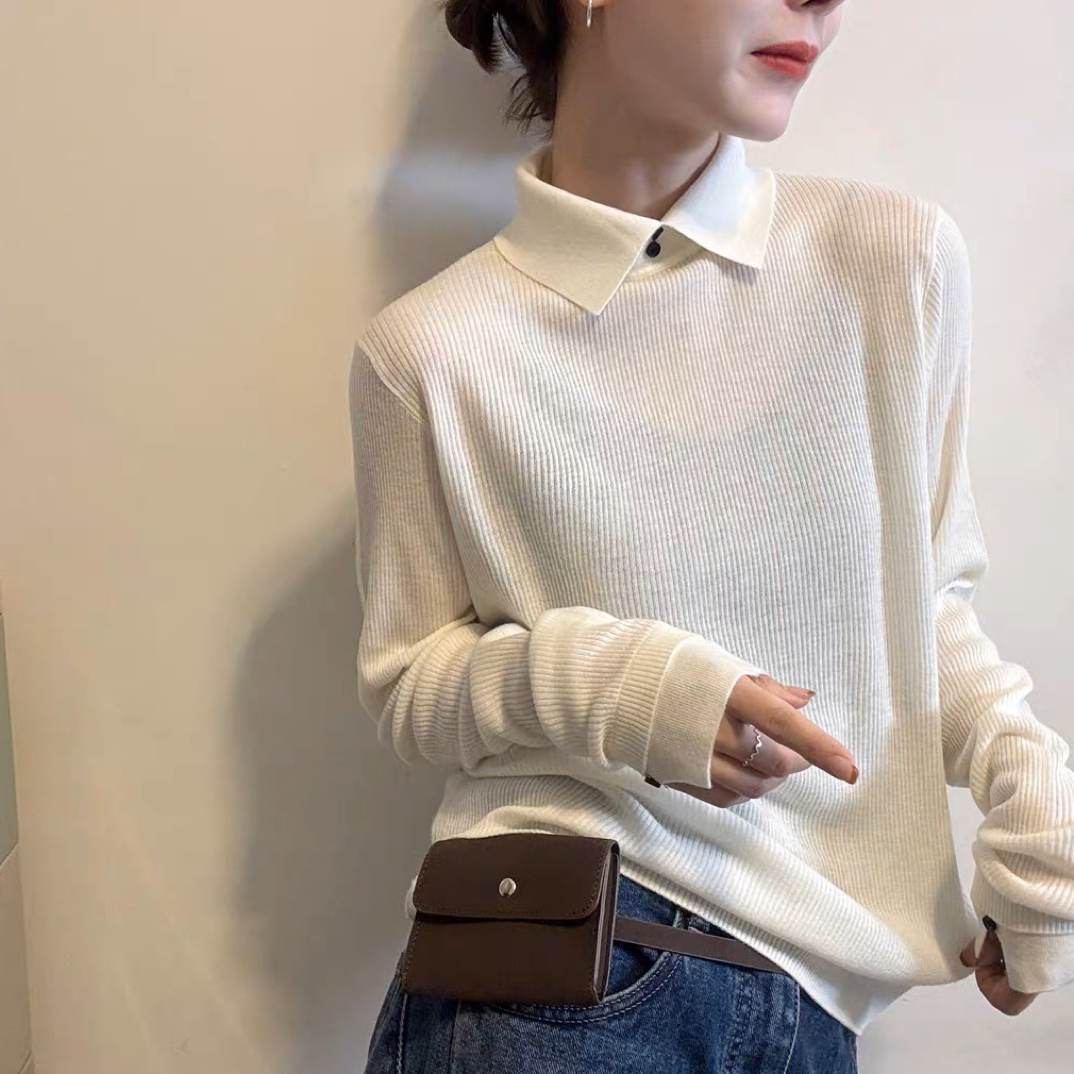 【正版】简约小翻领细羊毛长袖开叉针织衫女韩版时尚百搭打底毛衣
