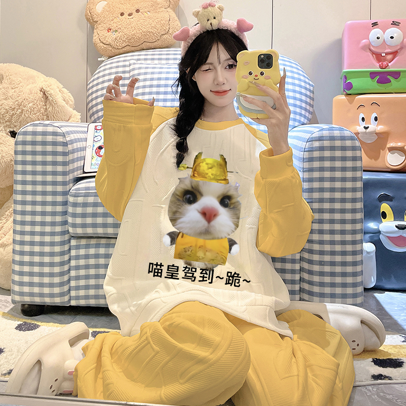 抽象猫咪睡衣女孩初中生秋冬装长袖加厚空气棉新款搞笑大童家居服
