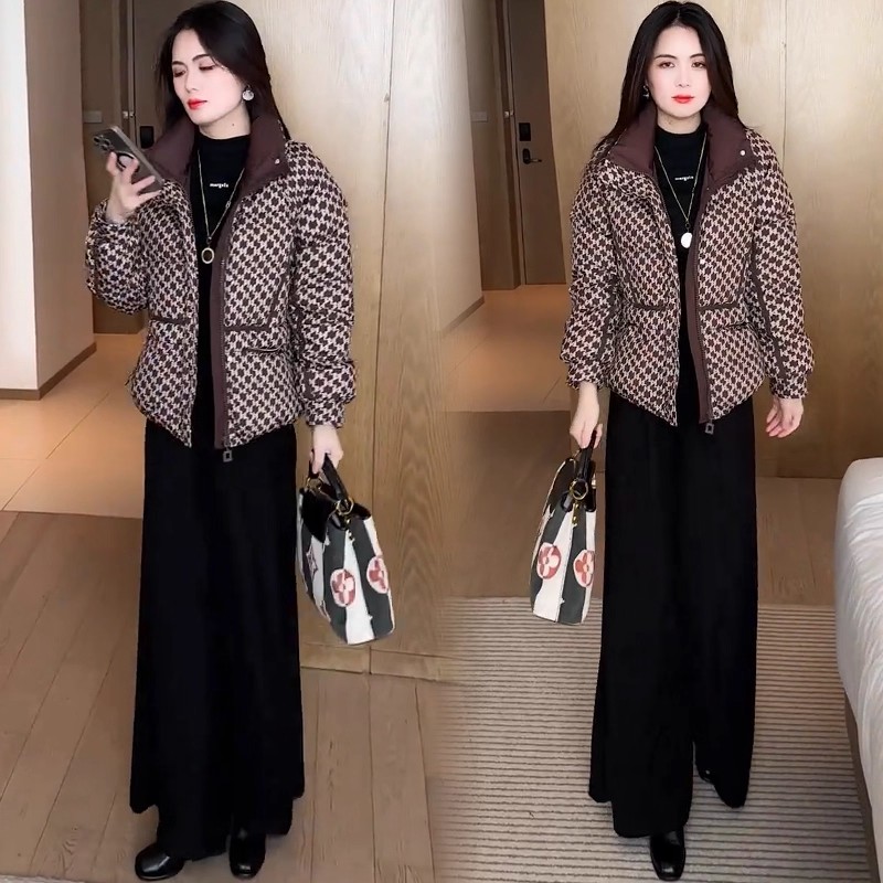 时尚千鸟格棉服外套女冬季新款洋气显瘦小个子加厚保暖面包服棉袄