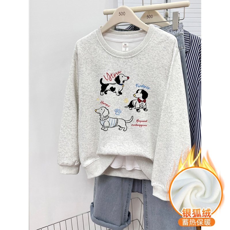 白灰色小狗印花正肩卫衣秋冬慵懒风大码女装加绒加厚圆领套头上衣
