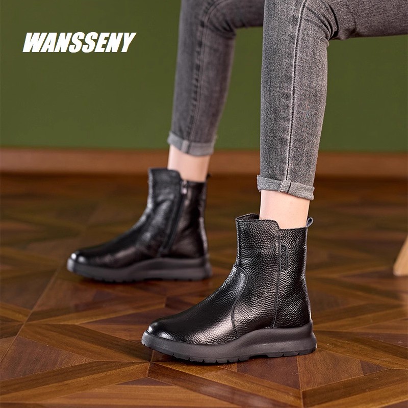 WANSSENY2025年头层牛皮秋冬加绒保暖马丁靴女厚底羊毛内里棉靴子