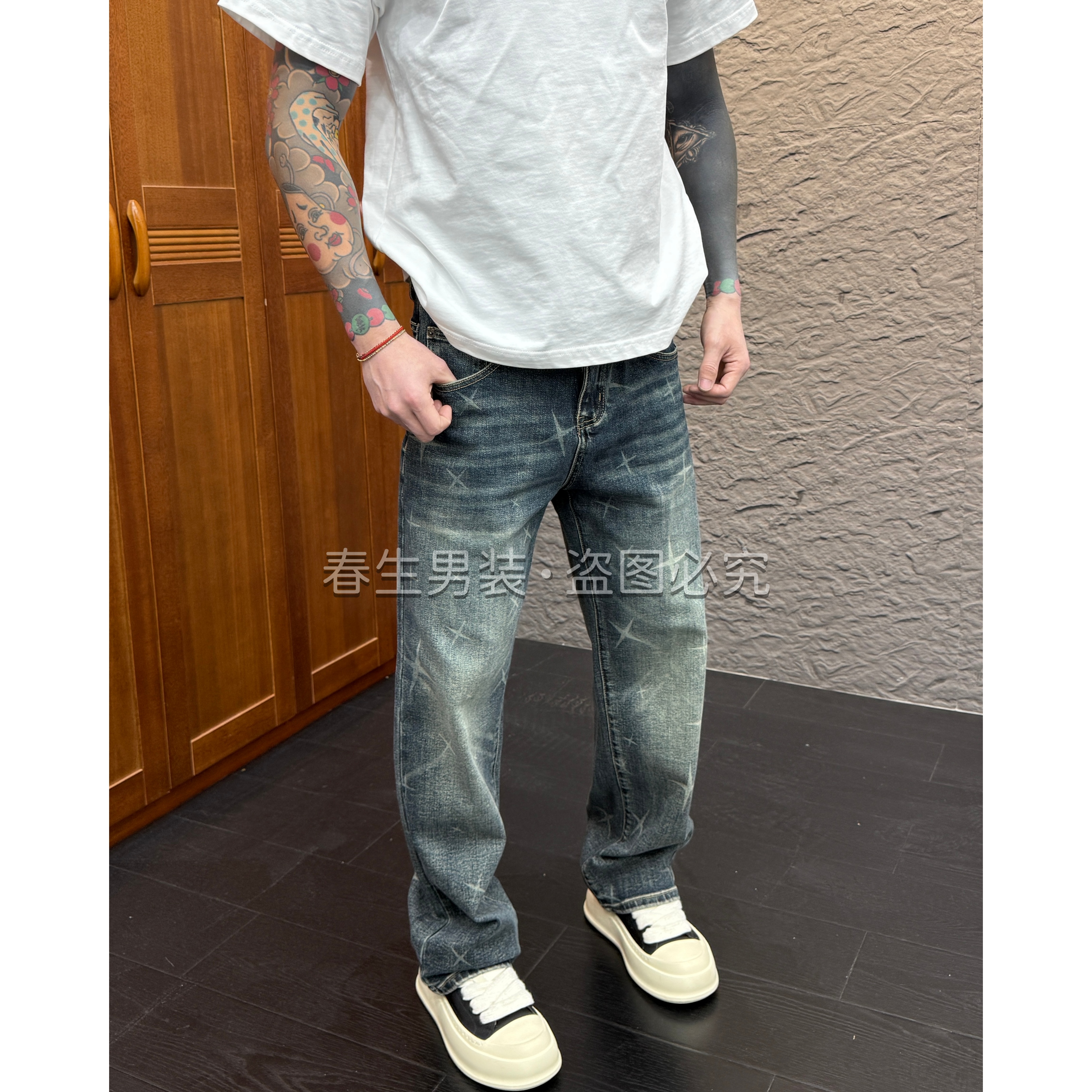 2025秋冬新款时尚休闲百搭直筒弹力印花男士牛仔裤1616