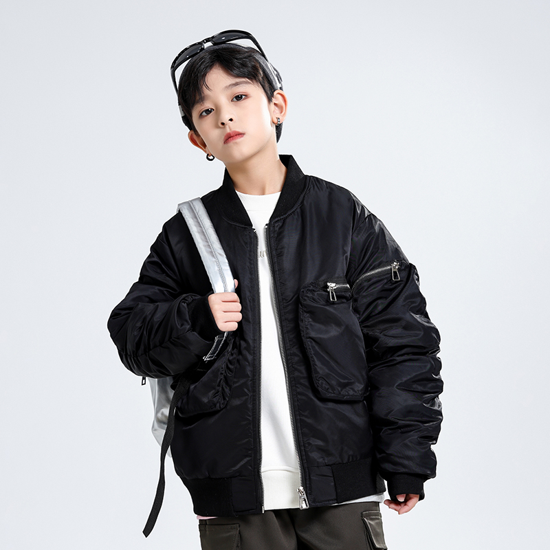 男童机车款加棉外套圆领飞行服夹克百搭上衣时尚超版男童外套潮酷