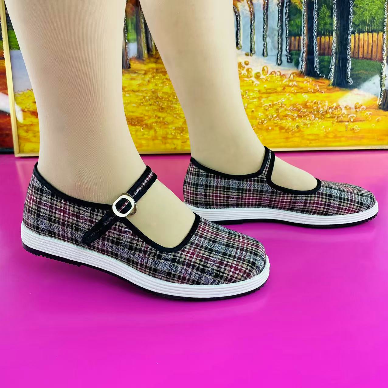 浅口透气格子老年妈妈鞋休闲通用女士夏季一脚蹬布鞋
