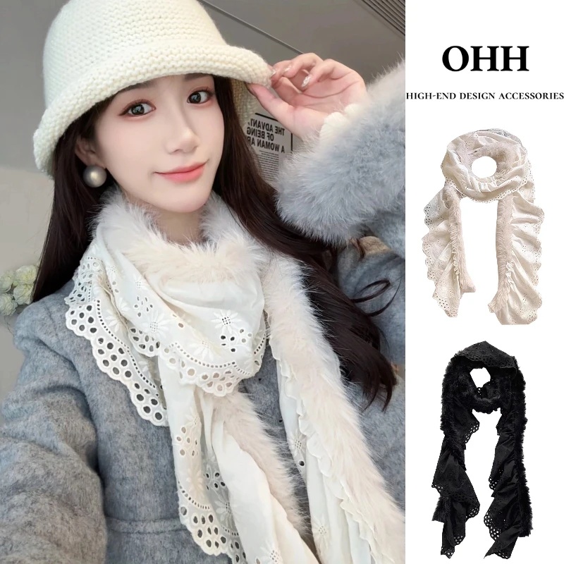 软蕾丝仿狐狸毛围巾秋冬新款韩系氛围感百搭加厚保暖护颈围脖针织