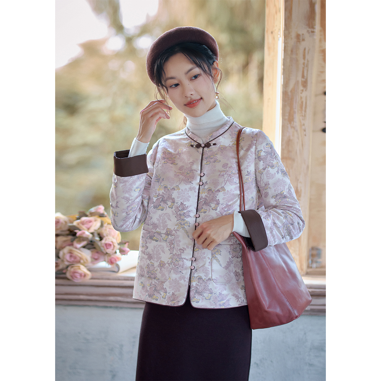 红念中式提花棉服女短款小个子宽松2025冬季新款女装短款棉服女款