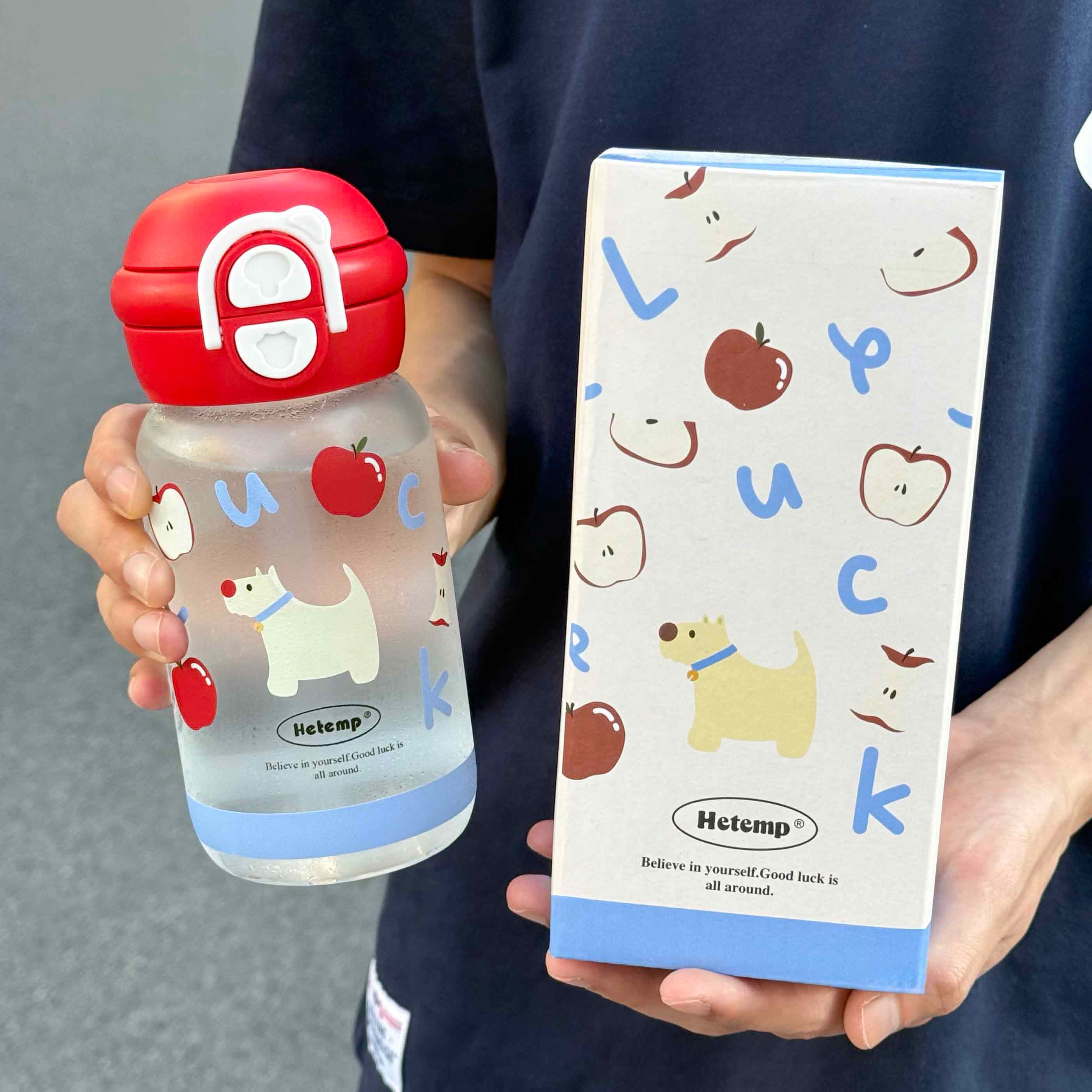 恒度苹果小狗夏天水杯女生高颜值学生党塑料杯便携式双饮吸管杯子