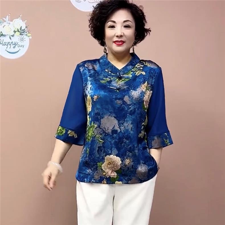 5112【35个花色】春夏新丝缎衬衫中老年妈妈装盘扣宽松大码遮肉T恤