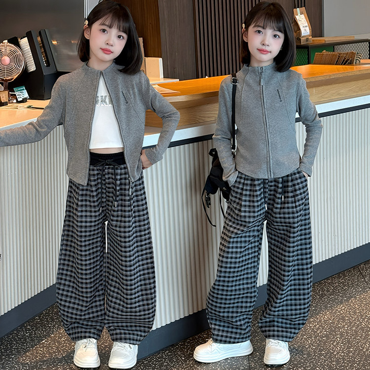 女童春秋季2025新款女大童时髦针织开衫套装小女孩秋款格子阔腿裤