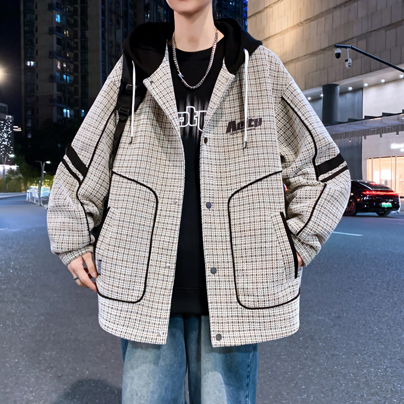 春秋男生潮流美式印花新款长袖外套开衫秋款格子休闲宽松连帽夹克