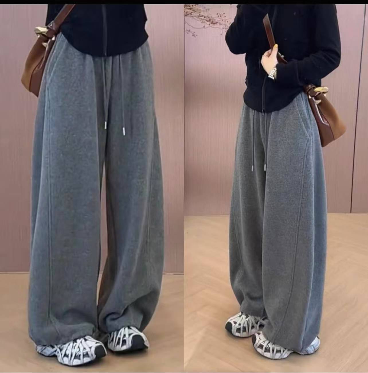 加厚加绒休闲阔腿裤女秋冬2025新款超火小个子高腰显瘦羊毛弯刀裤