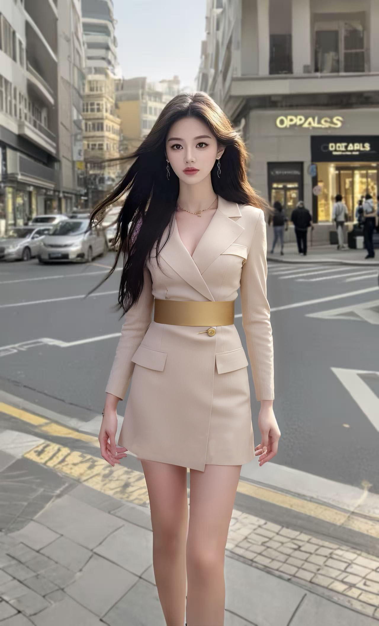 新款时尚轻奢优雅杏色V领长袖修身收腰连衣裙高级氛围感短裙女