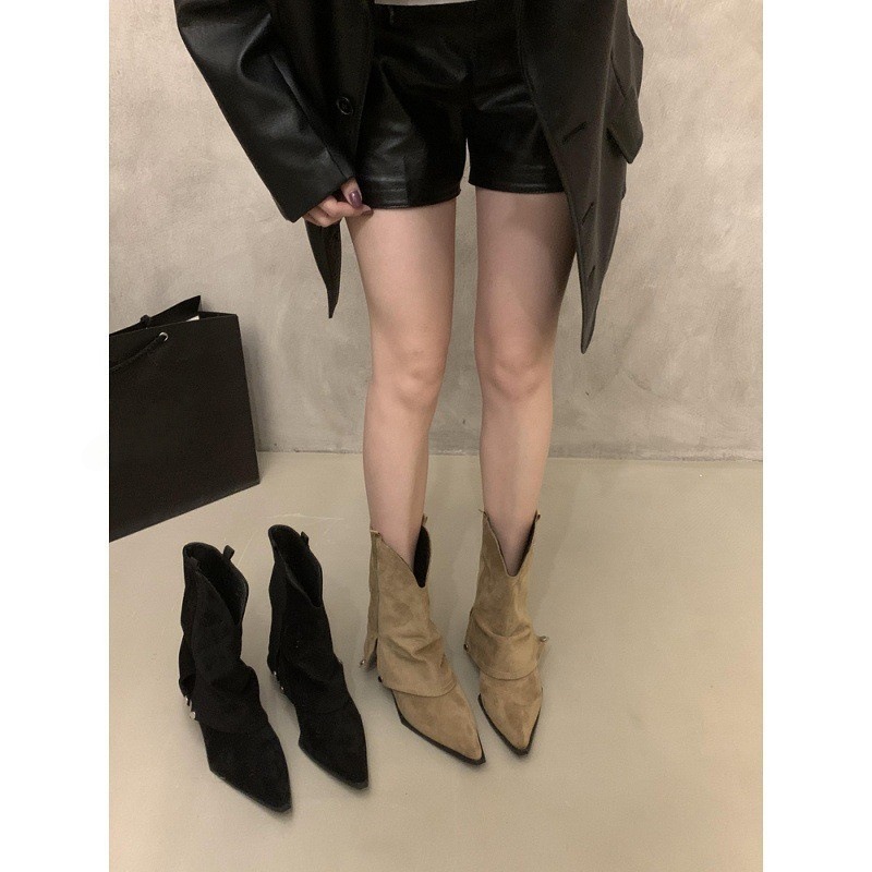 粗跟尖头裤管靴炸街小短靴女鞋春秋2025新款夏季棕色西部瘦瘦靴子